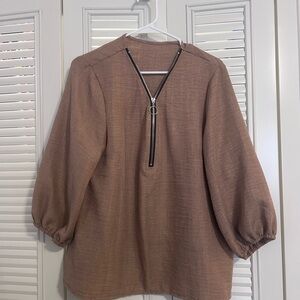 Chic Brown Women's Blouse with Zipper Accent